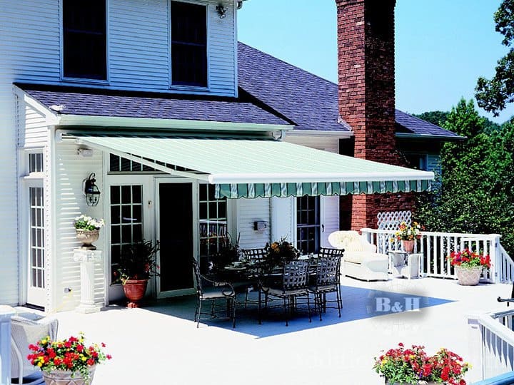 Retractable awning covering a patio furniture set, with our logo.